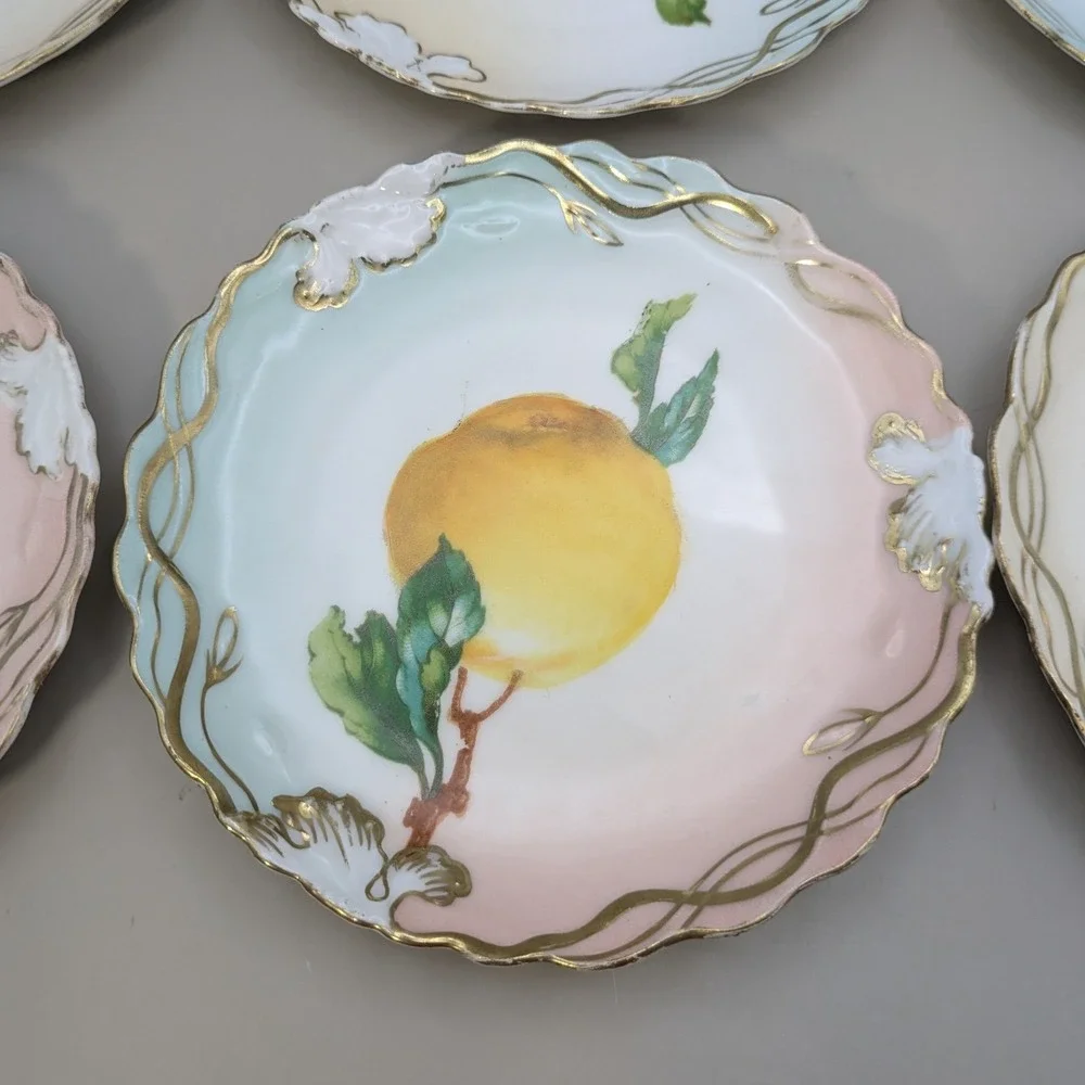 Antique Wheelock Vienna Austria Pomona Fruit Plates Set of 6 Gold Gilt Scalloped